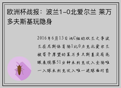 欧洲杯战报：波兰1-0北爱尔兰 莱万多夫斯基玩隐身